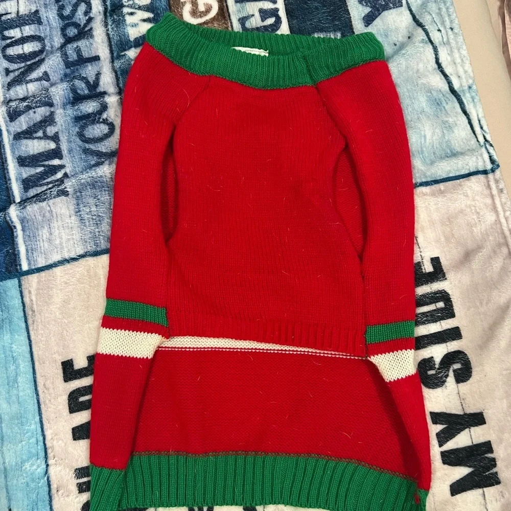 Festive Red Dog Sweater with Christmas Tree Design